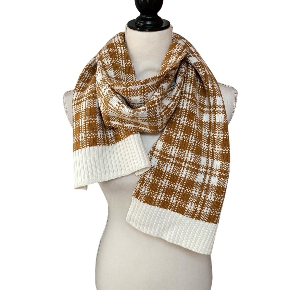 NWT Timberland Camel Cream Plaid Knit Scarf Winter Wrap 63” OS